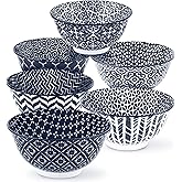 KooK Cereal Bowls, Ceramic Make, Vibrant Color, Multi Color Designs, Bowls for Thanksgiving, Christmas and Kitchen Perfect for Soup, Pasta, Salad, Ice Cream, Blue And White Set of 6, 18oz (Navy)
