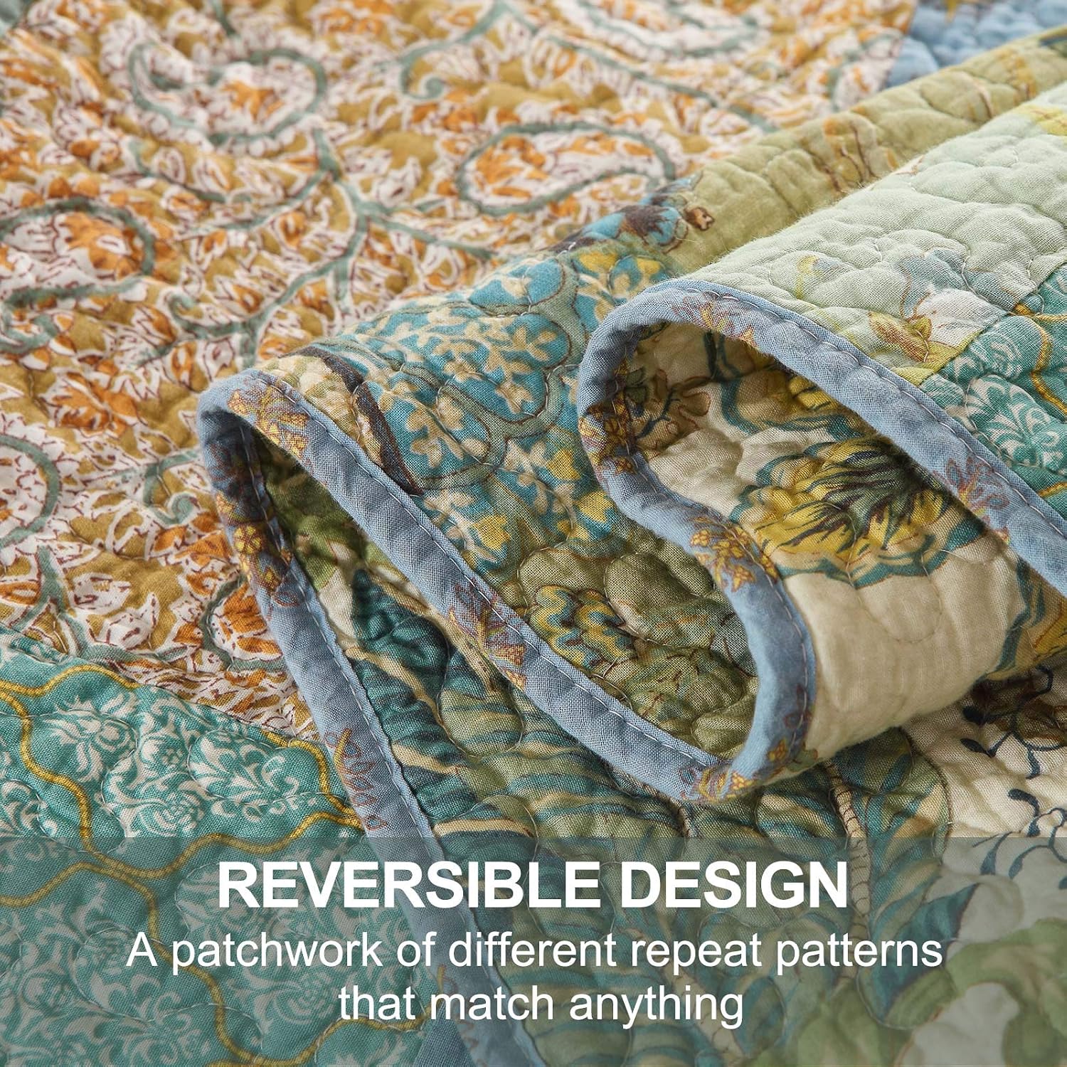 Qucover Patchwork Quilted Bedspread Double 100% Cotton Retro Chic Paisley Printed Floral Patchwork Quilts for Beds 230x230 cm - Image 5
