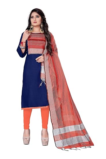 Leeza Store Women Unstitched Cotton Suit With Banarasi Dupatta (Blue Color_Free Size)