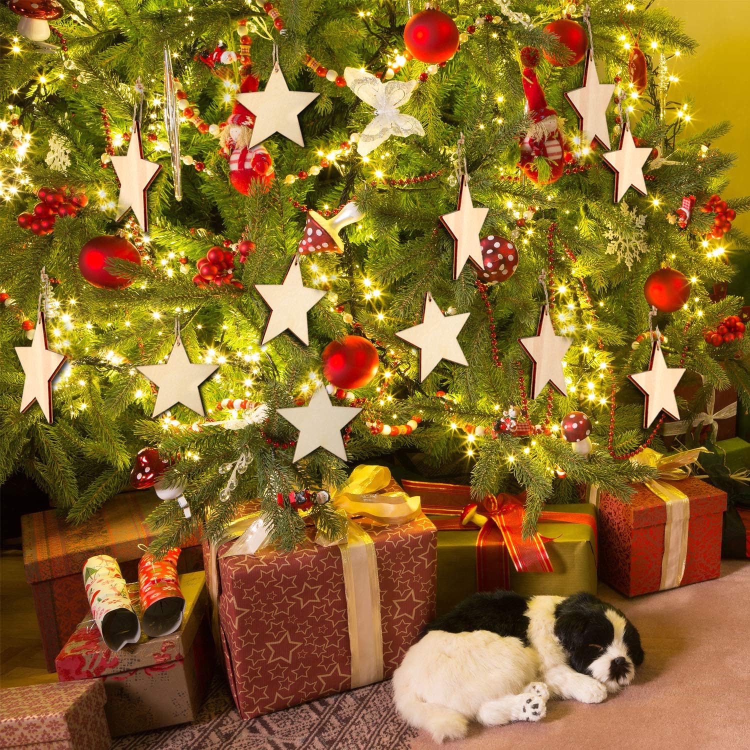 60 Pieces Natural Wooden Star Cutouts Shape Wooden Star Embellishments and 60 Pieces Natural Twine for Christmas Home Party Decoration - Image 3