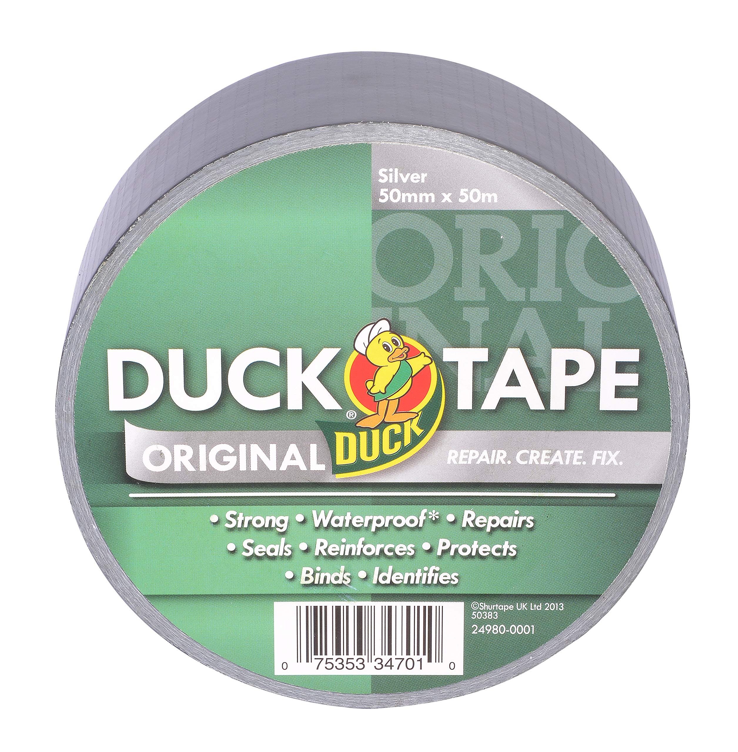 Duck Tape Original Silver, 50 mm x 50 m. The original high strength waterproof gaffer and duct adhesive cloth repair tape