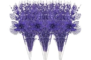 CRISTBEST 24 Pack Christmas Tree Ornaments - Artificial Flowers Glitter Berry Stems Christmas Floral Picks Branches for Xmas Tree Decorations Vase Filler Holiday Wedding Party Home Decor (Purple)