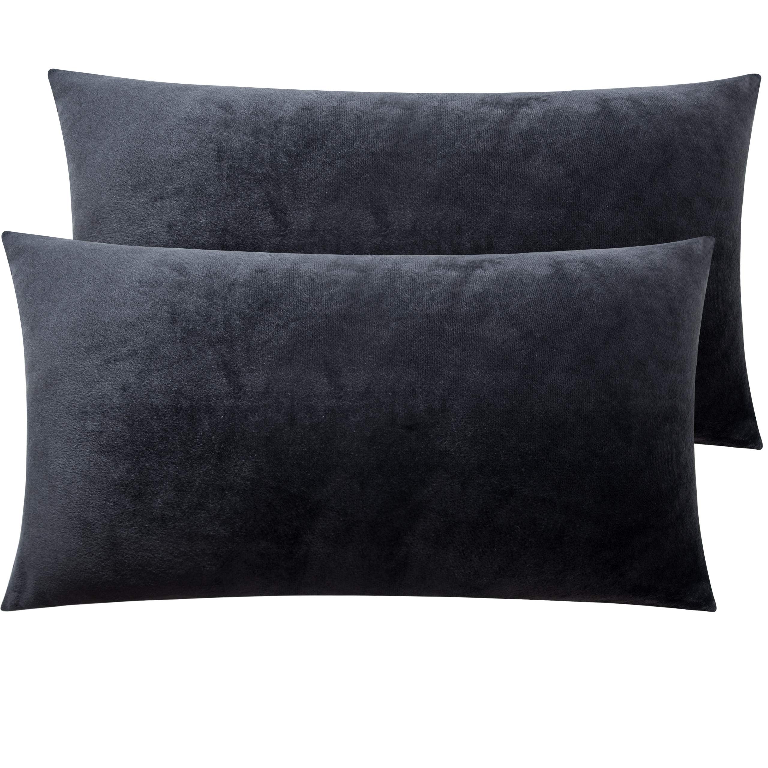 NTBAY 2 Pack Zippered Velvet King Pillowcases, Super Soft and Cozy Luxury Fuzzy Flannel Pillow Cases with Zipper, 50x90 cm, Charcoal Grey