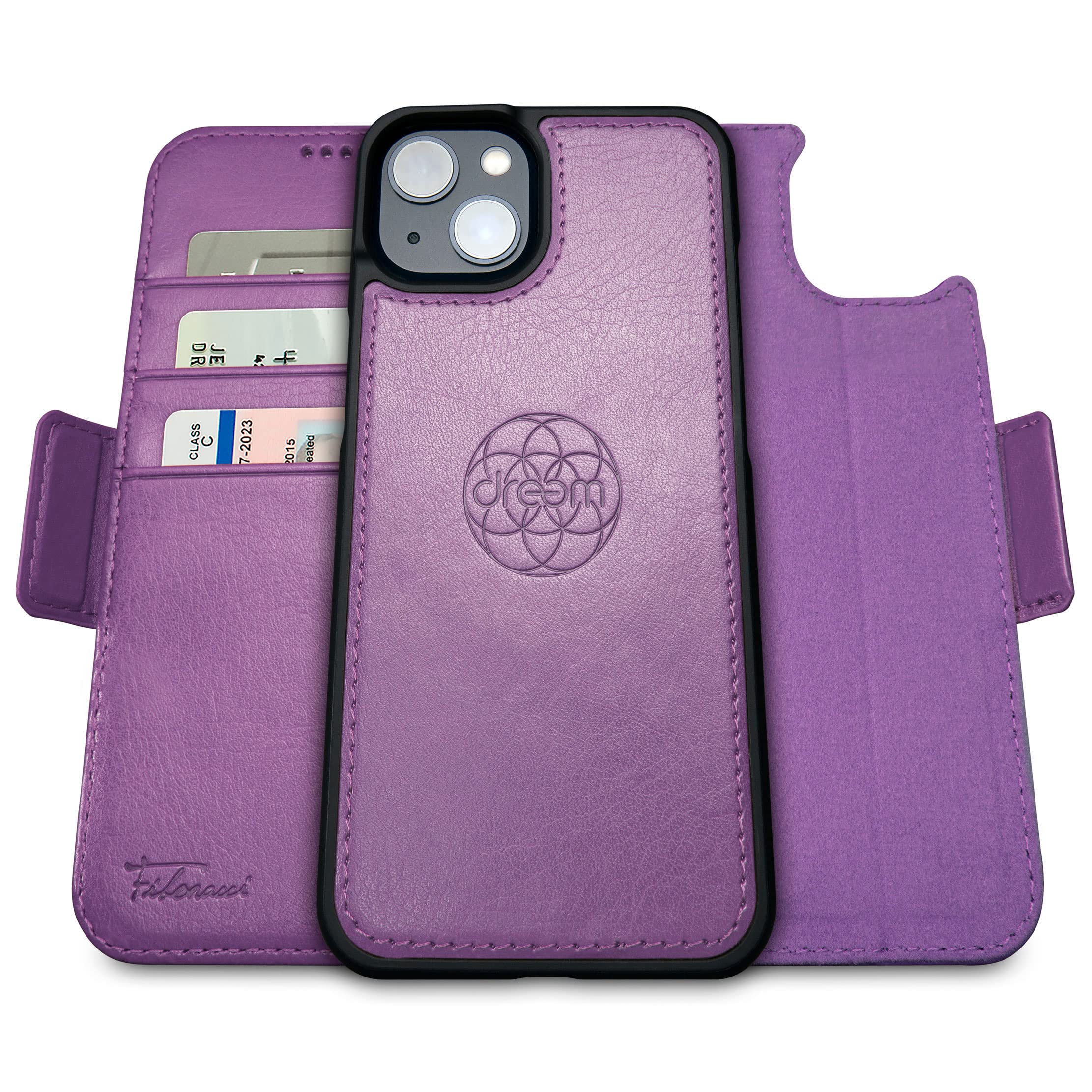dreem Wallet Case for iPhone 14 Plus, 2 Way Phone Stand, Magnetic Detachable Vegan Leather Flip Cover RFID Blocking Card Holder, MagSafe-Fit, Gift Box [Fibonacci: Purple]