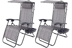BTEXPERT Set of 2, Adjustable Steel Mesh Zero Gravity Lounge Chairs Outdoor Patio Recliner for Beach Yard Garden w/Pillow Sunshade Utility Tray Cup Holder Heavy Weight Capacity Seat, Gray Two Pack