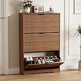 Shoe Cabinet Storage for Entryway with 3 Flip Drawers, Walnut Fluted Shoe Cabinet with Adjustable Shelves, Wooden Hidden Shoe Rack Freestanding Narrow Slim Shoes Storage for Hallway, Entrance