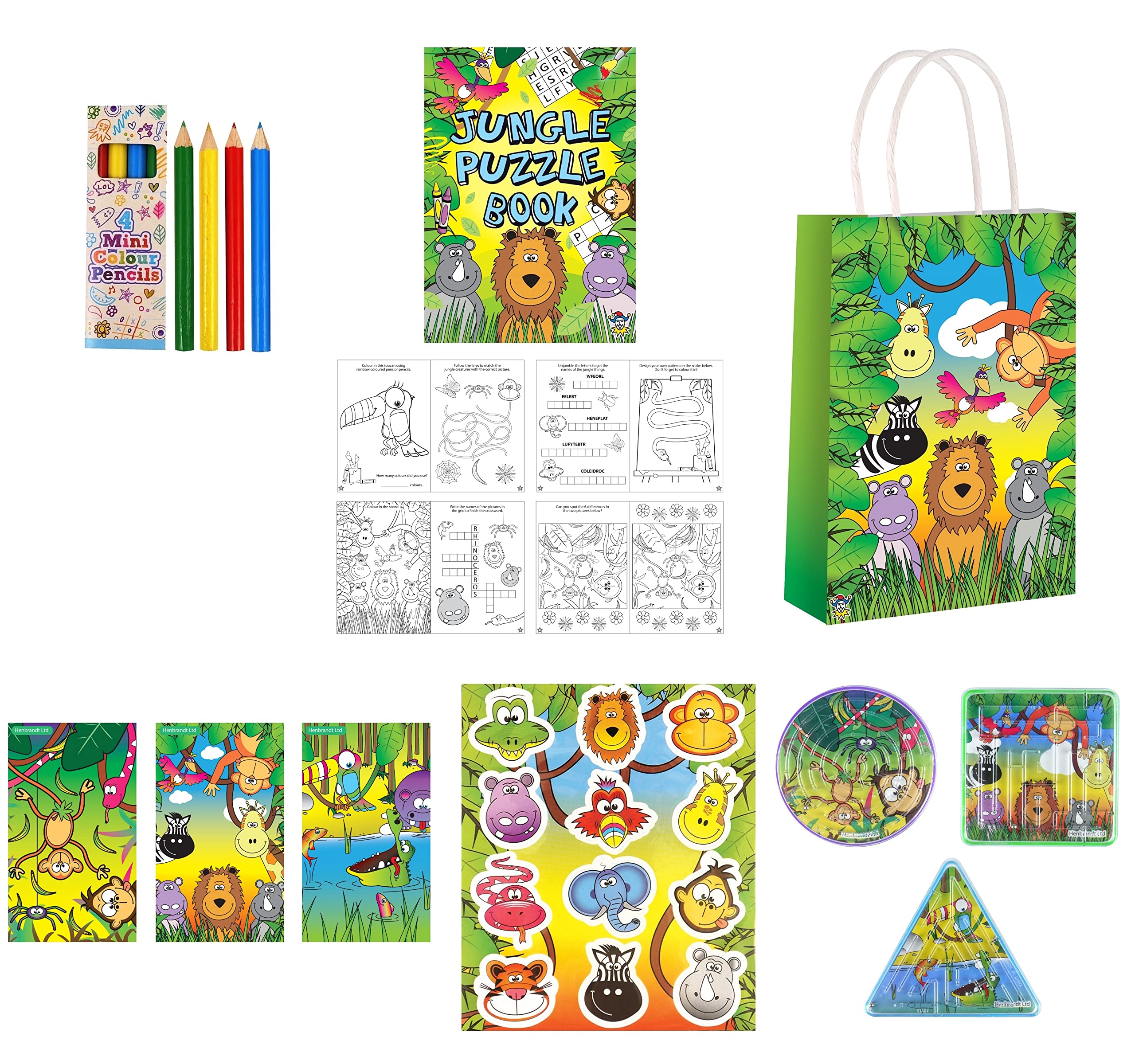 Anila's Complete Jungle Themed 10 Party Bag Fillers & Party Favours - Mini Colouring Pencils, Colouring Puzzle Books, Notebooks, Stickers, Mazes, & Party Bags. (Ideal for Children Aged 3-8)