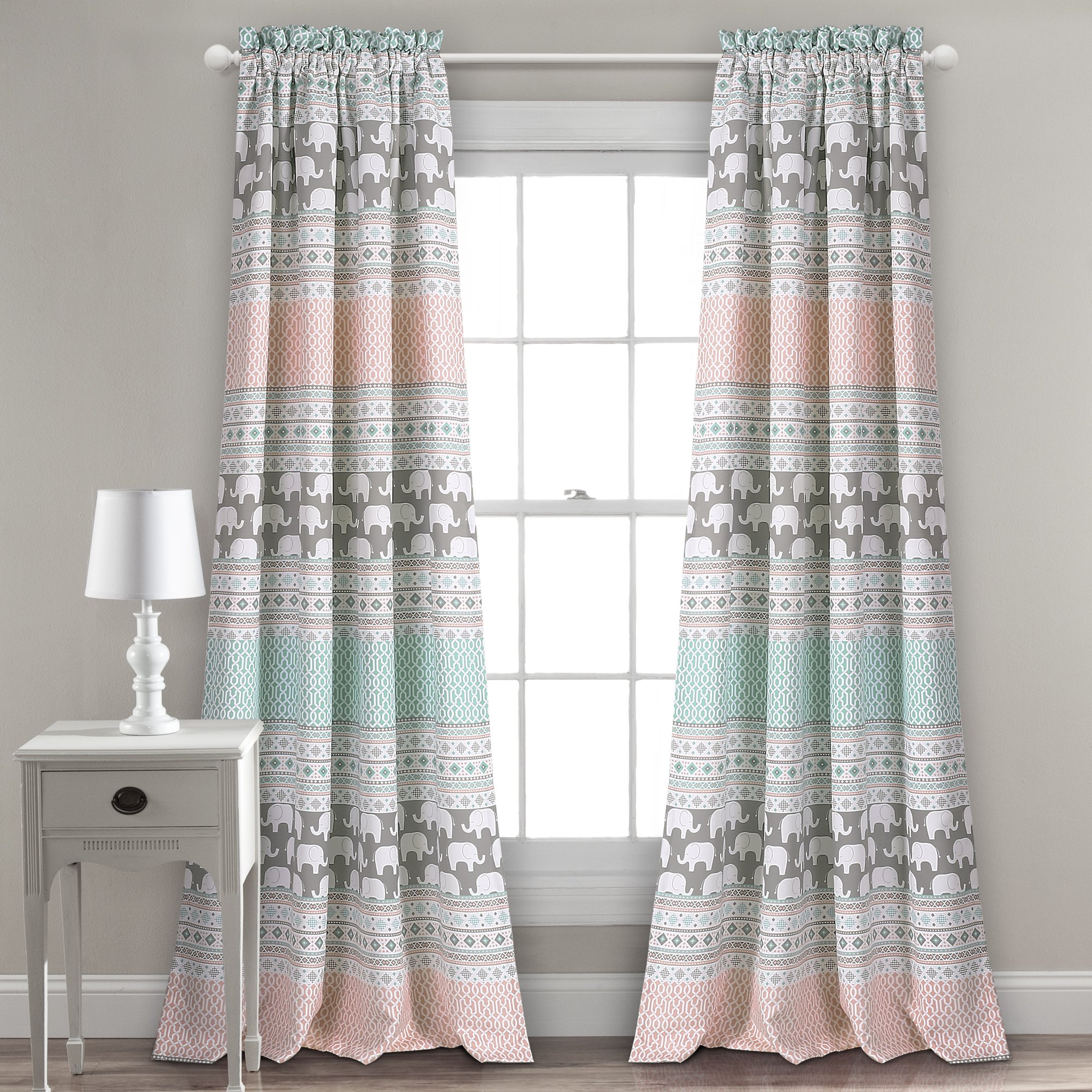 Lush Decor Elephant Stripe Curtains Pattern Light Filtering Window Panel Set for Living, Dining, Bedroom (Pair), 52”W x 84" L, Turquoise & Pink