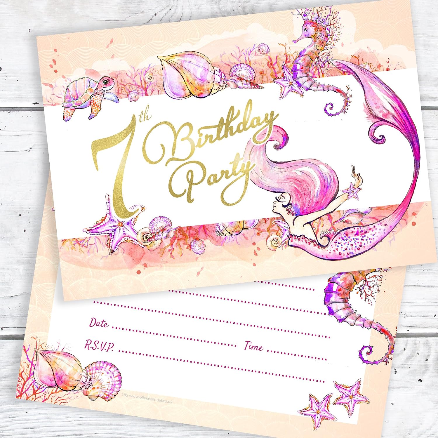 Olivia Samuel 20 x Mermaid 7th Birthday Party Invitations from Ready to Write with Envelopes, Pink, Coral, Pack20 - Image 4