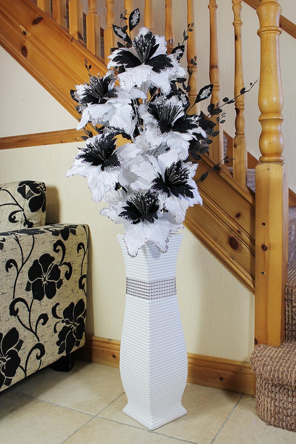Large White Floor Vase With Black And White Sparkle Artificial Flowers Bling 1 3m Tall Amazon Co Uk Kitchen Home