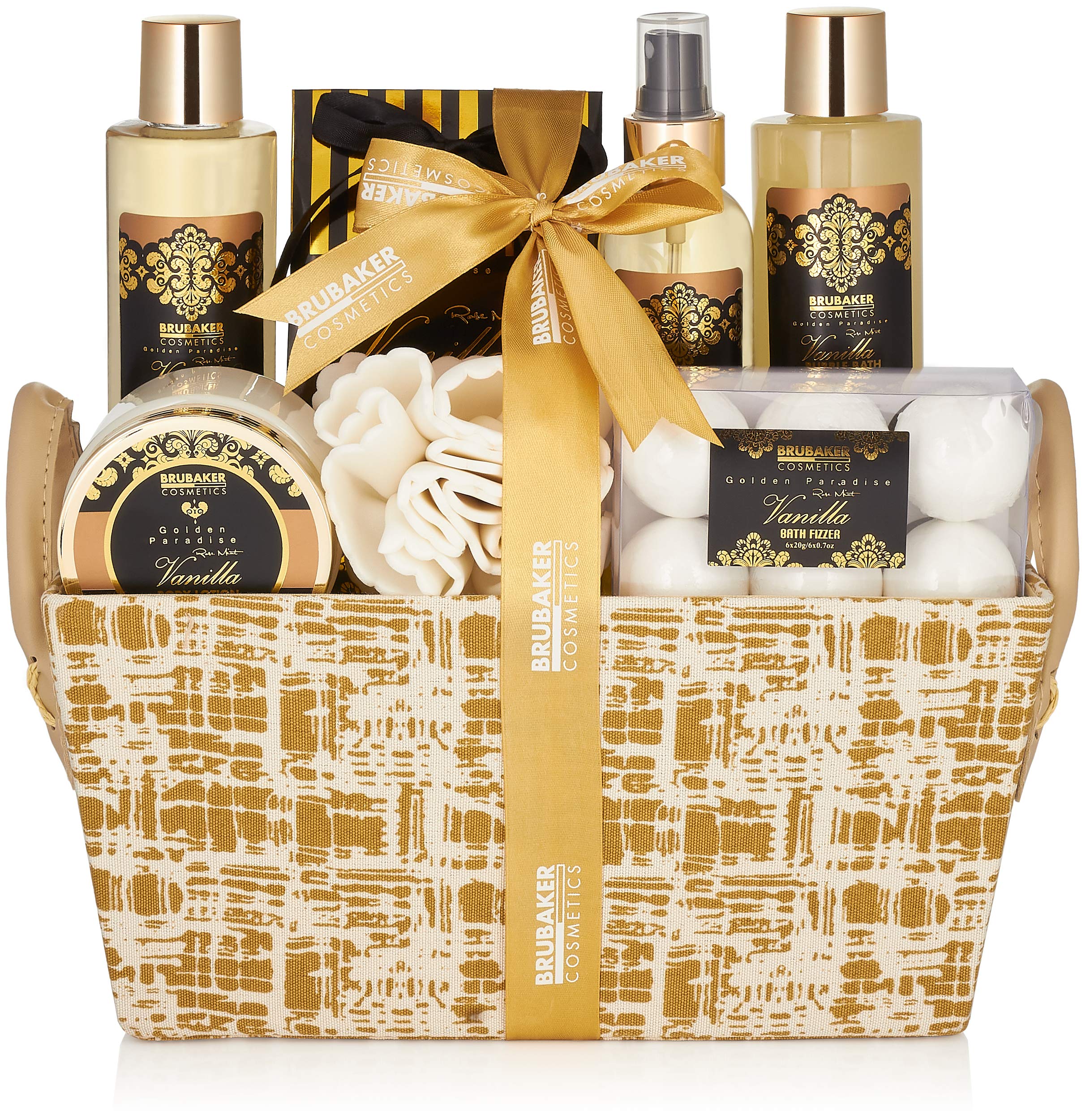 BRUBAKER Cosmetics 'Vanilla Golden Paradise' 13-Pieces Bath Gift Set in Trug Crate - Vanilla Roses Mint Fragrance