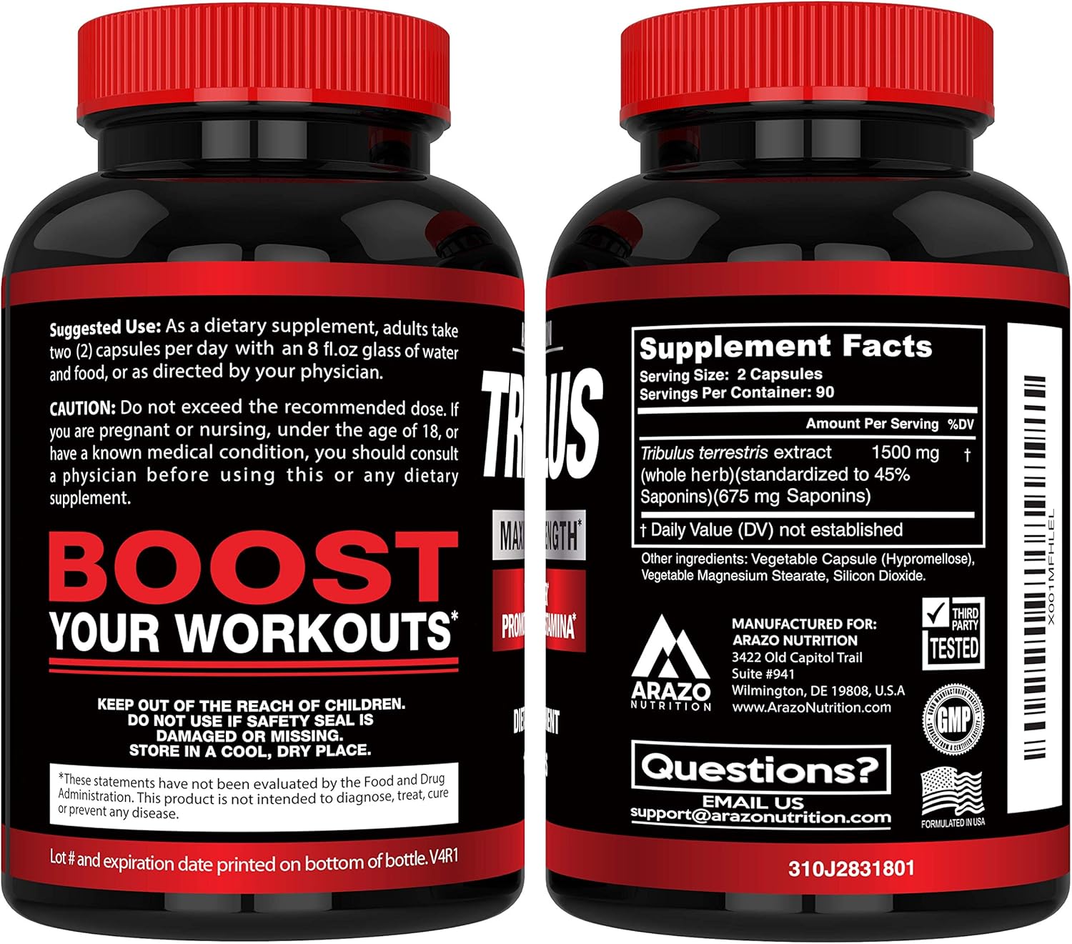 Tribulus Terrestris 1500MG Extract Powder - Testosterone Booster with Estrogen Blocker - Arazo Nutrition USA - 180 Capsules: Health & Personal Care