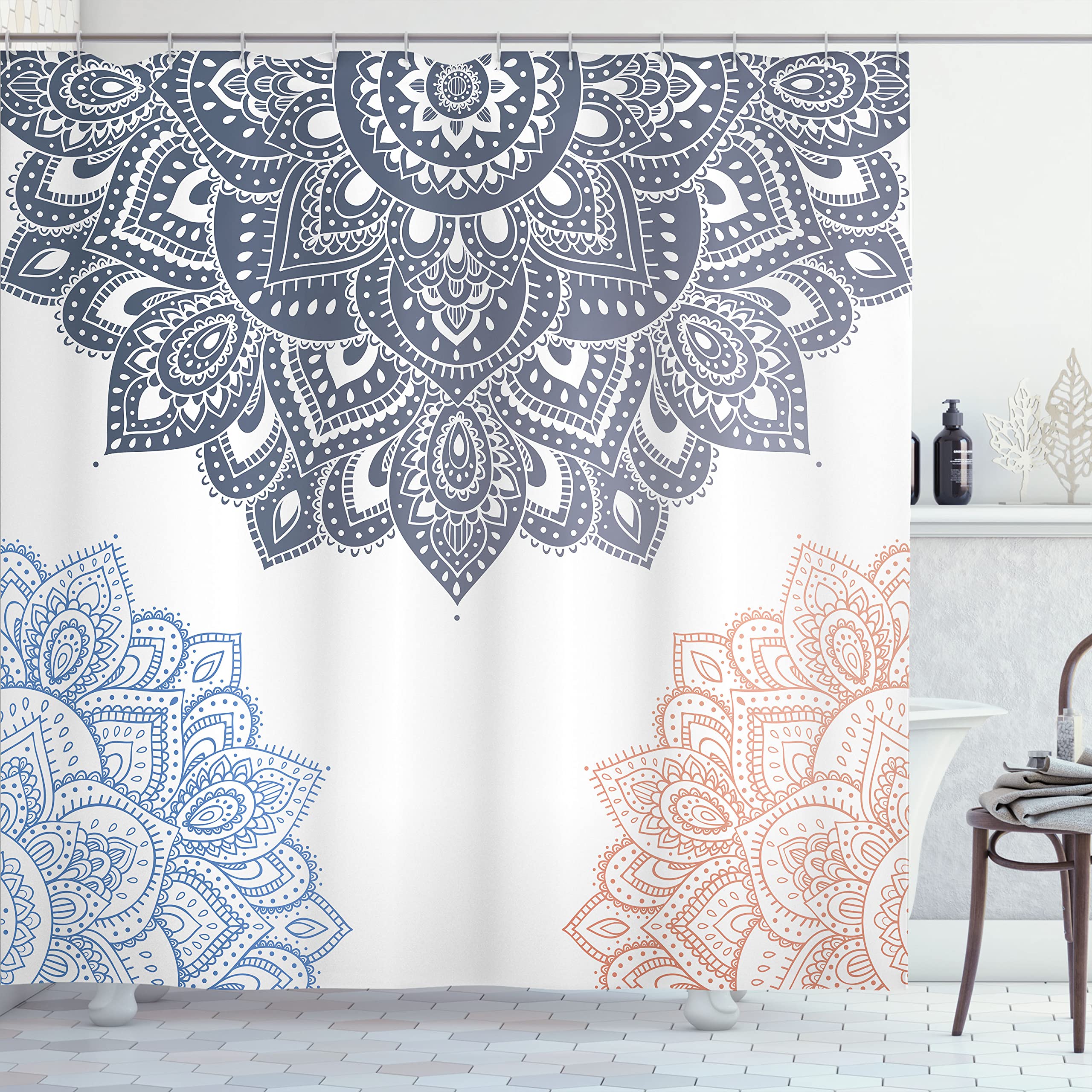 ABAKUHAUS Flora Shower Curtain, South Mandala Design Vibrant Color Ornamental Style of Illustration, Cloth Fabric Bathroom Decor Set with Hooks, 175 x 200 cm, Blue Grey