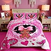 Manfei Black Princess Girly Comforter Set Full Size,High-Heeled Shoes Lip Bowknot Diamond Bedding Set,Girls Women Room Decor,African American Girls Down Comforter,Pink Cute Duvet Insert,2 Pillowcases