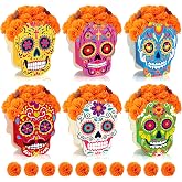6 Pcs Day of The Dead Sugar Skull Decor Wood Boxes with 12 Pcs Marigolds | Día De Los Muertos Ofrenda Altar Decor Skeleton Candle Holder Skull Vase for Table Centerpieces Halloween Mexican Party Decor