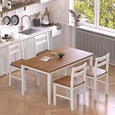 Orweiin 5 Piece Dining Table Set, Solid Wood Dining Table Set for 4, Farmhouse Table and 4 Chairs Set, 43.3'' Rectangular Kitchen Table Set for 4, Walnut &amp; White
