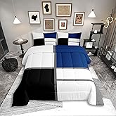 Erosebridal Geometric Abstract Queen Comforter Set for Adult Women Men Blue and White Striped Bedding Set Square Grid Bed Set Modern Art Patchwork Quilt Set for Minimalist