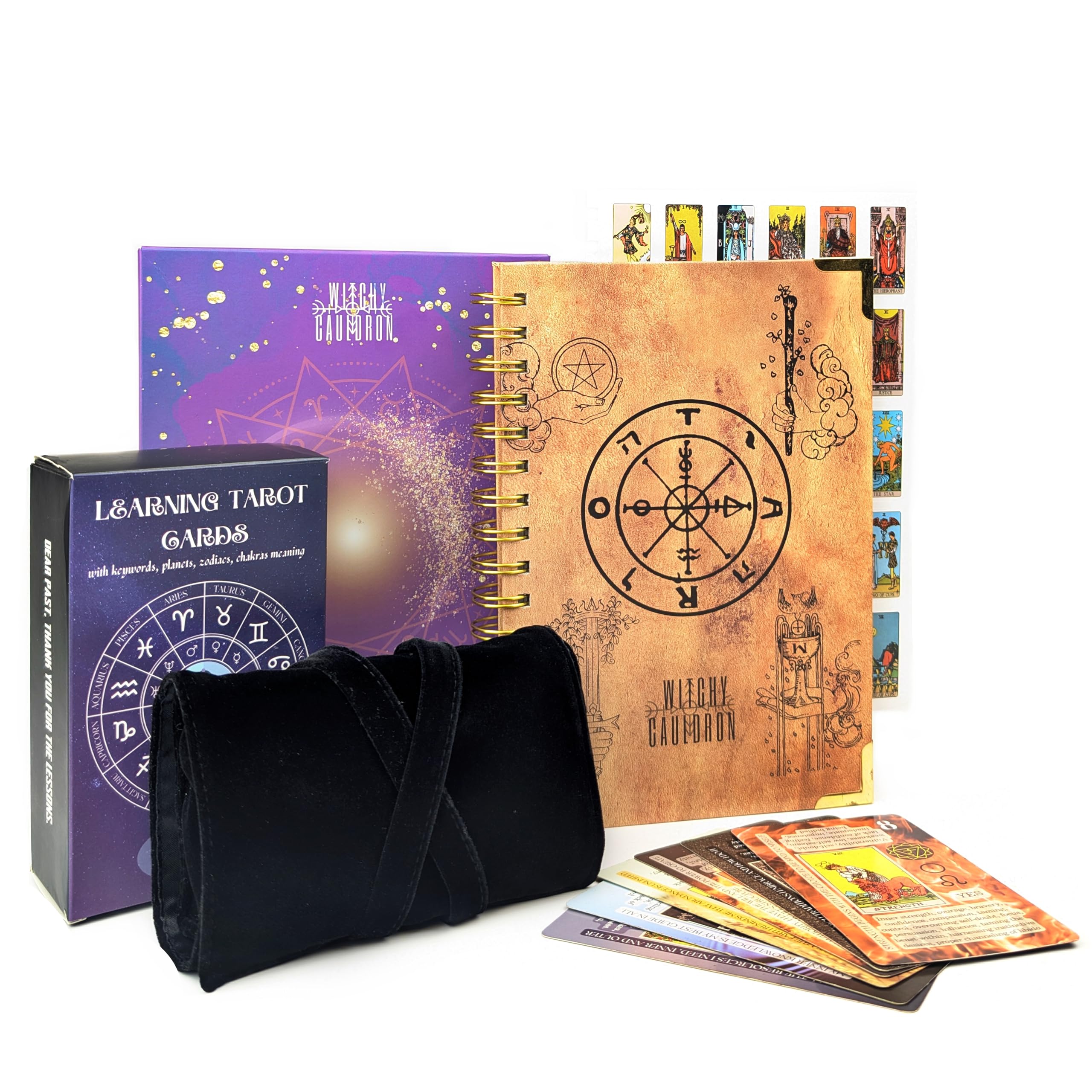 Witchy Cauldron Tarot Cards for Beginners with Guidebook - 78 Card Rider Waite Tarot Deck, Tarot Journal, Satin Tarot Bag - Complete Tarot Kit - Tarot Cards with Guide Book, Spiritual Gift (Black)