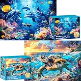 2 Pack Puzzles for Adults 1000 Pieces-Sea Turtle &amp; Dolphins Difficult Jigsaw Puzzles for Adults,Hard Jigsaw Puzzle Decorations DIY Leisure Game Toy Suitable Family Friends(27.5x20 inches)