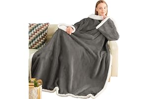 Ramees Sherpa Wearable Blanket with Sleeves and Pockets, Soft Warm TV Blanket Throw for Men and Women
