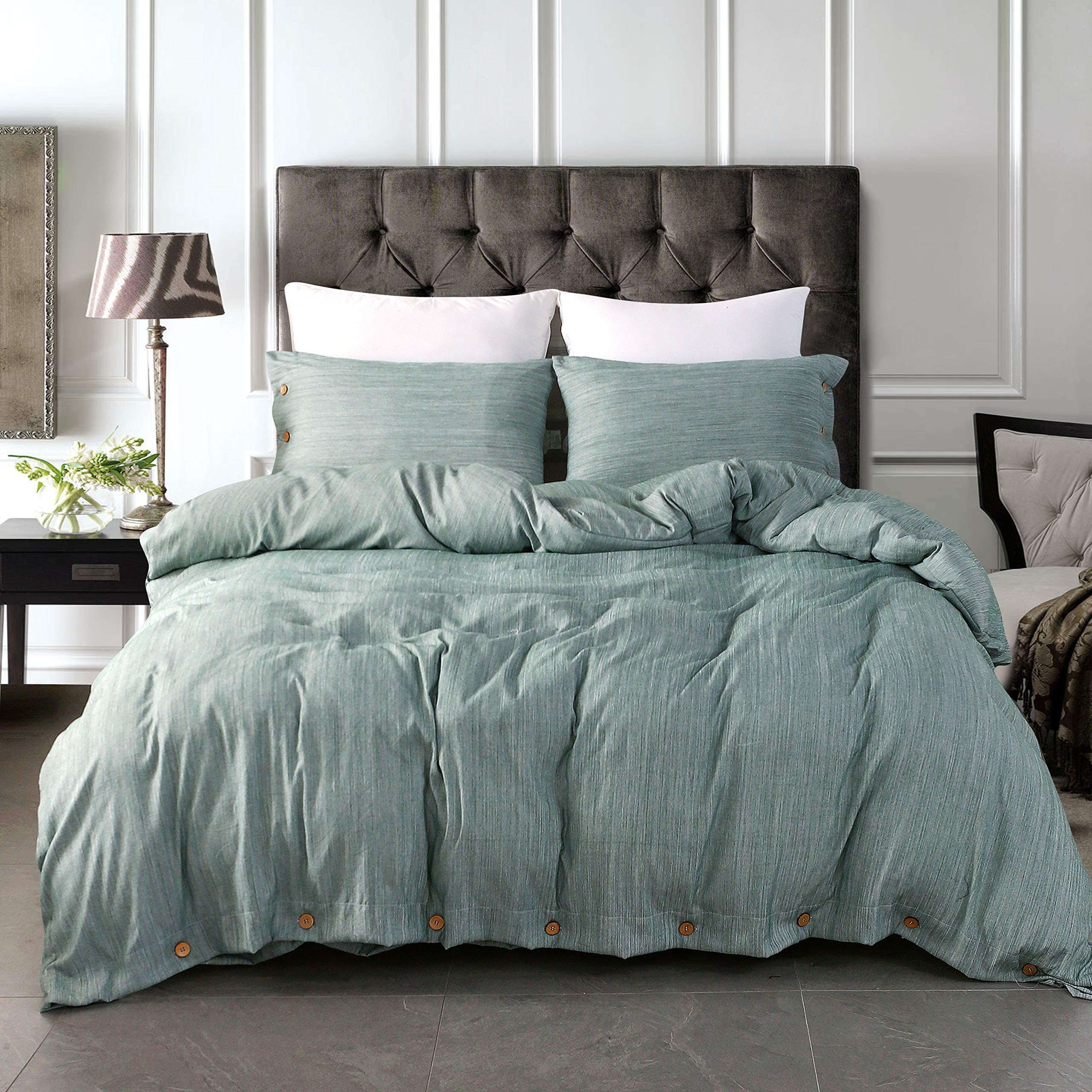 JELLYMONI Green Duvet Cover Set, 3-in-1 Luxury Button Bedding Set, Ultra Soft Breathable Microfiber, Easy Care, Simple Style, Solid Color Duvet Cover King Size(No Comforter)