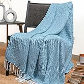 RAJRANG Throw Blanket Cotton with Tassel - 50x60 Inches Soft 100% Cotton Boho Decorative Farmhouse Throw for Bed Sofa Chairs and Couch Caribbean Sea Blue