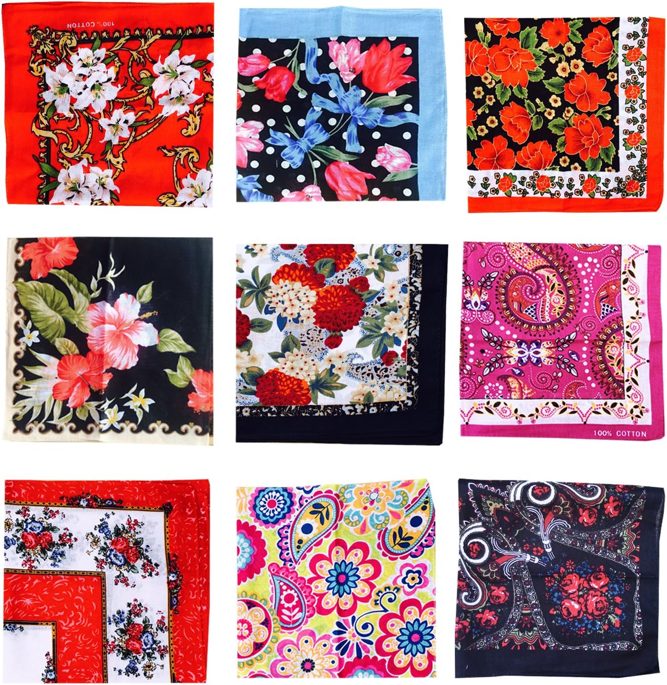 COCOUSM Ladies Retro Style Vintage Floral Print Cotton Handkerchiefs Pack