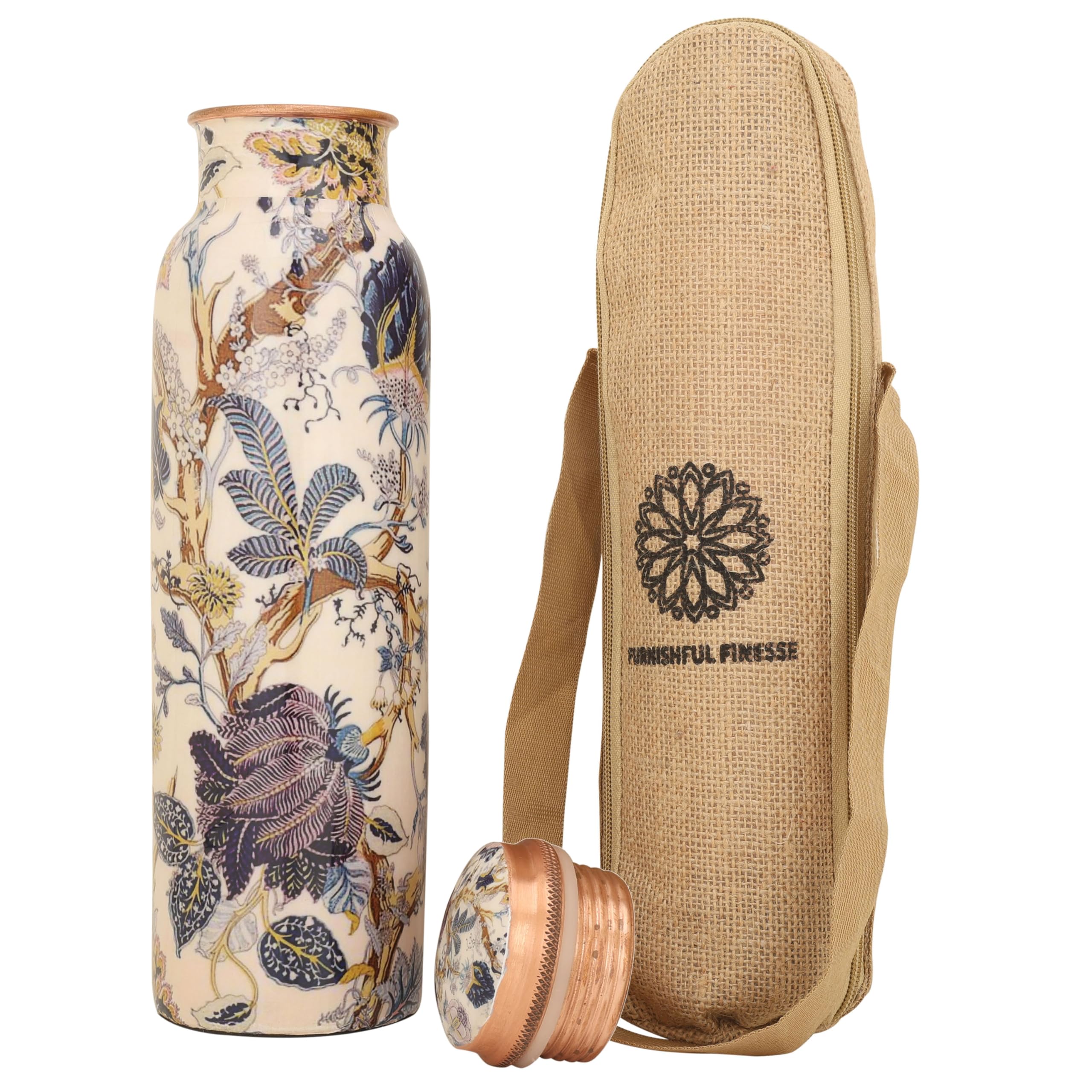 FURNISHFUL FINESSE Pure Copper Water Bottle 34 Ounce Copper Bottle with JUte Carry Bag For Gym Office (Pack of 1, White Floral)