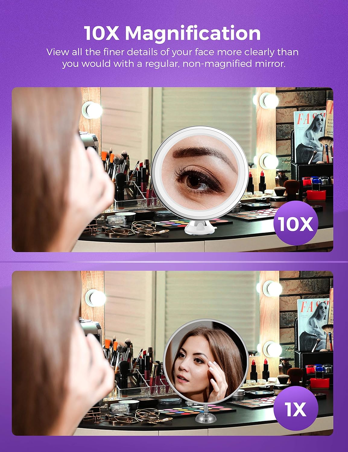 Upgraded 10x Magnifying Lighted Makeup Mirror with Touch Control LED Lights, 360 Degree Rotating Arm, and Powerful Locking Suction Cup, Portable Magnifying Mirror for Home, Bathroom Vanity, and Travel: Furniture & Decor