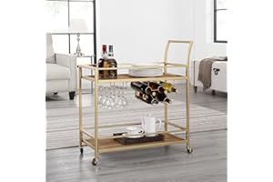 FirsTime & Co. Gold and Brown Francesca Bar Cart, 2 Tier Mobile Mini Bar, Kitchen Serving Cart and Coffee Station with Storage for Wine and Glasses, Metal and Wood, Modern