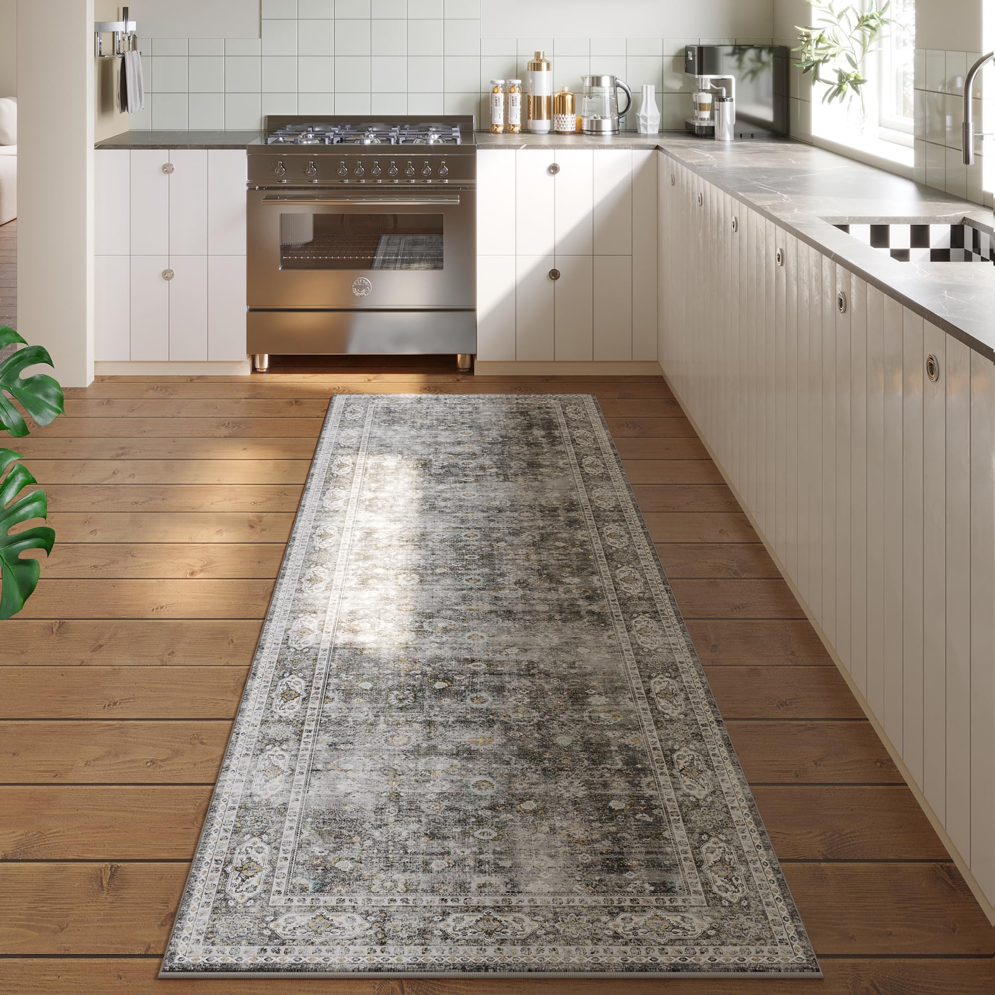 Photo 1 of Runner Rug Hallway Runner Rug Washable Kitchen Runner Rugs with Rubber Backing 2'6''x8' 100% Polyester Vintage Rug for Entryway Indoor, Kitchen, Laundry, Bedroom (Grey Brown Blue Yellow)