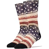Men's Novelty American Flag Crew Socks, Patriotic Stars Stripes Dress Socks, Born On The 4th, Size 8-13