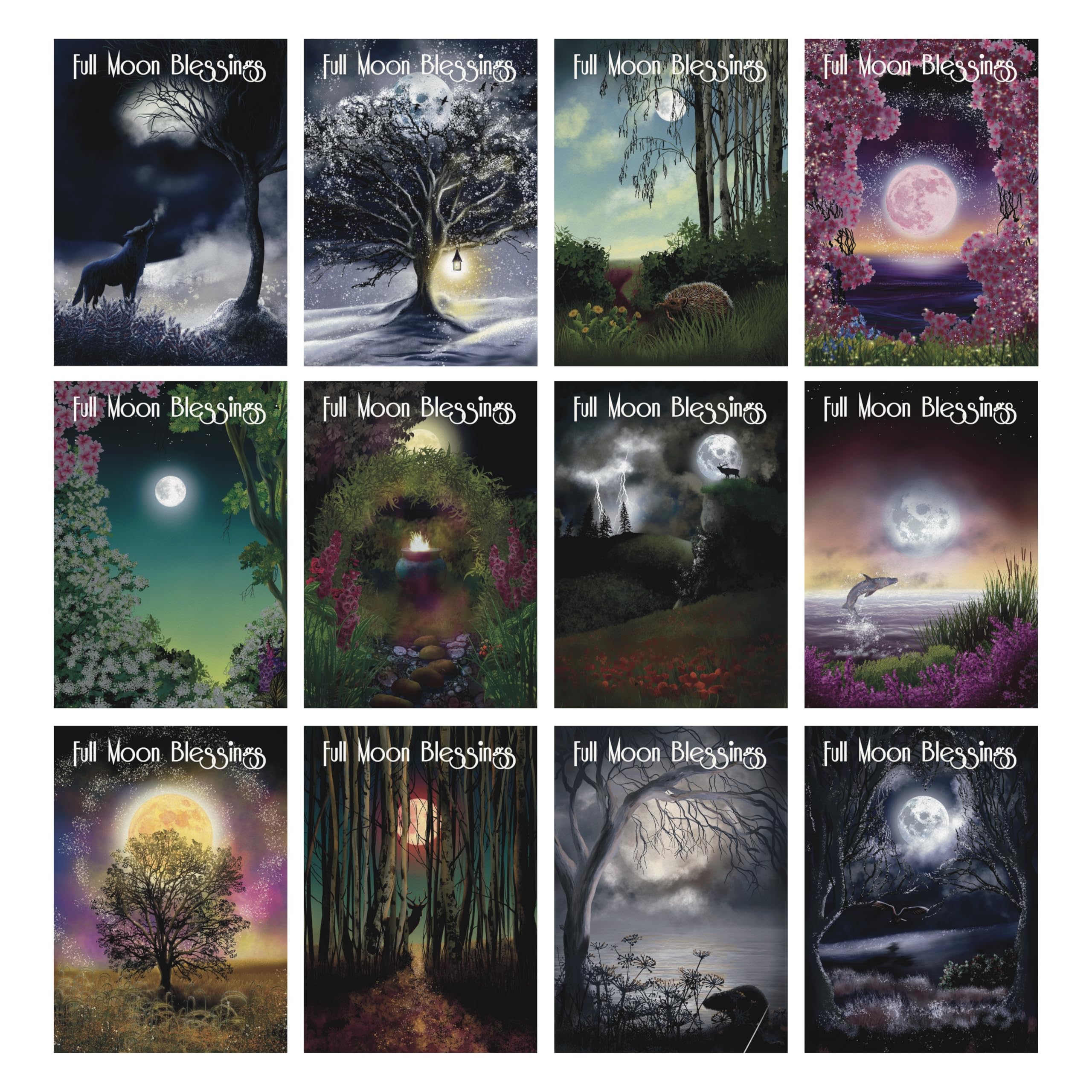 Silver foiled 'Full Moon Blessings' set of 12 pagan-style greeting cards illustrated by artist Naomi Walker with decription text on back