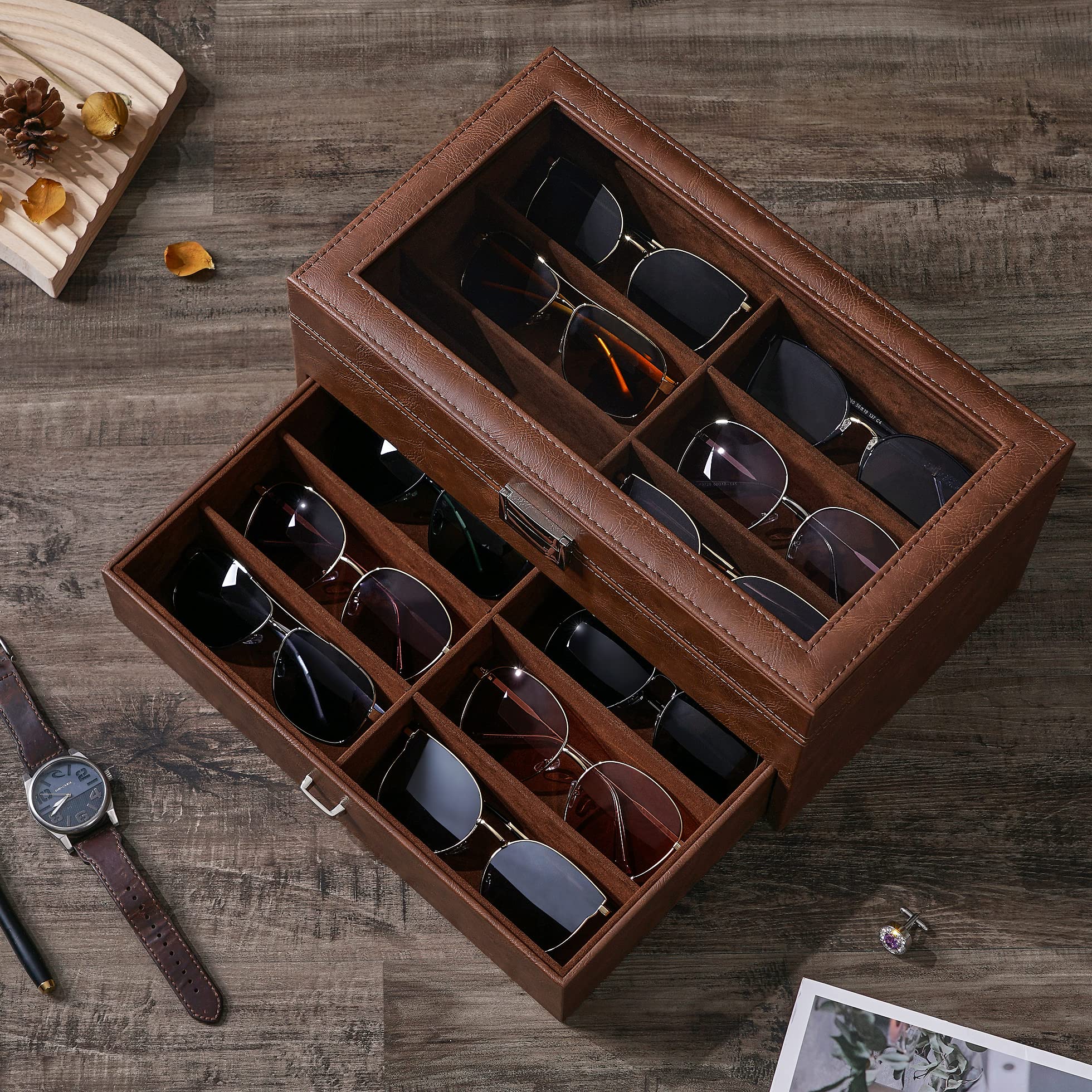 BEWISHOME Sunglasses Organizer, 12 Slots Sunglasses Case for Women Men, Eyeglasses Eyewear Display Case with Clear Glass Top, Faux Leather,Brown SSH48Z