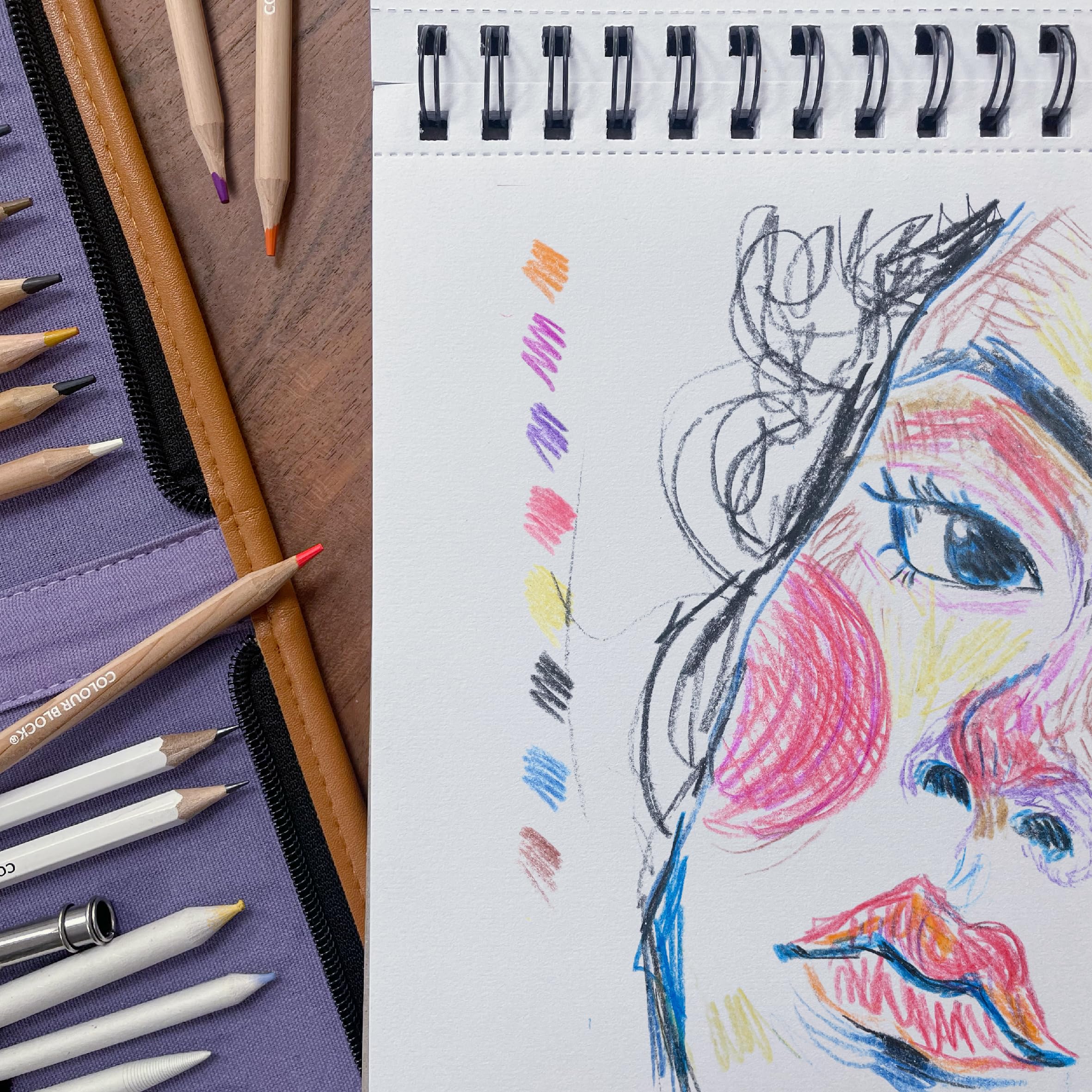 COLOUR BLOCK 40 Piece Drawing Travel Art Set in a Canvas Zippered Case, with 16 Colored Pencils, 12 Soft Pastels, Sketching Pencils, Drawing Pad, and Assorted Tools