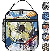 Watercolor Soccer Lunch Box Boys Girls Insulated Lunch Bag Reusable Lunchbox with Side Pocket, Lunch Box for Girls Boys Teen, Waterproof Lunch Tote Bag for Women Men Kids Work Office School Picnic