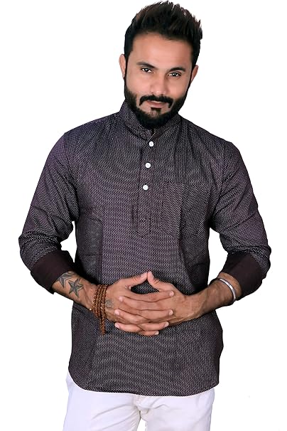 Buy Rebanta Casual Short Kurta For Men Burgundy Brown Dotted Full