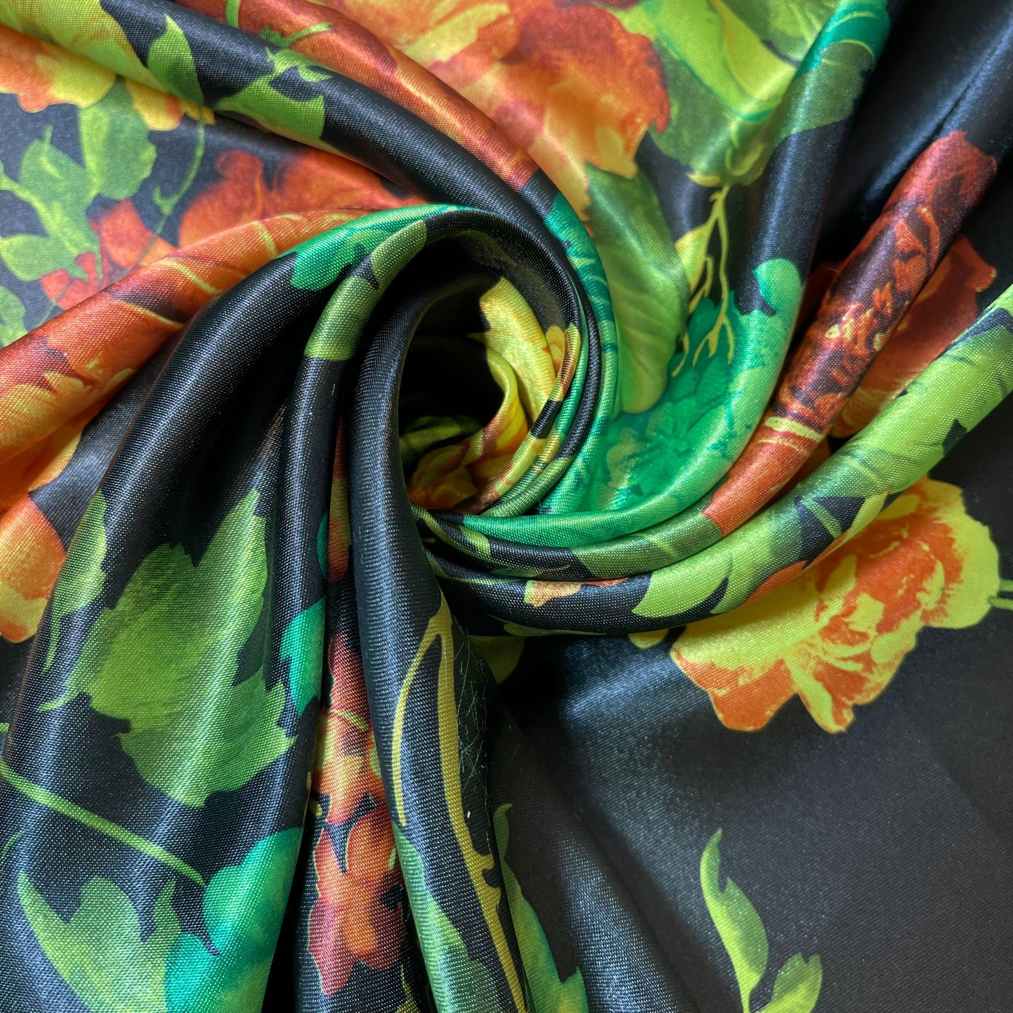 100% Polyester/Poly Silk Silky Satin Fabric, Dressmaking, Wedding, Prom - Dress Craft Fabric Material 58" - 150 cm Wide Sold As 1 Meter Pre - Cut Lengths (Black Floral)