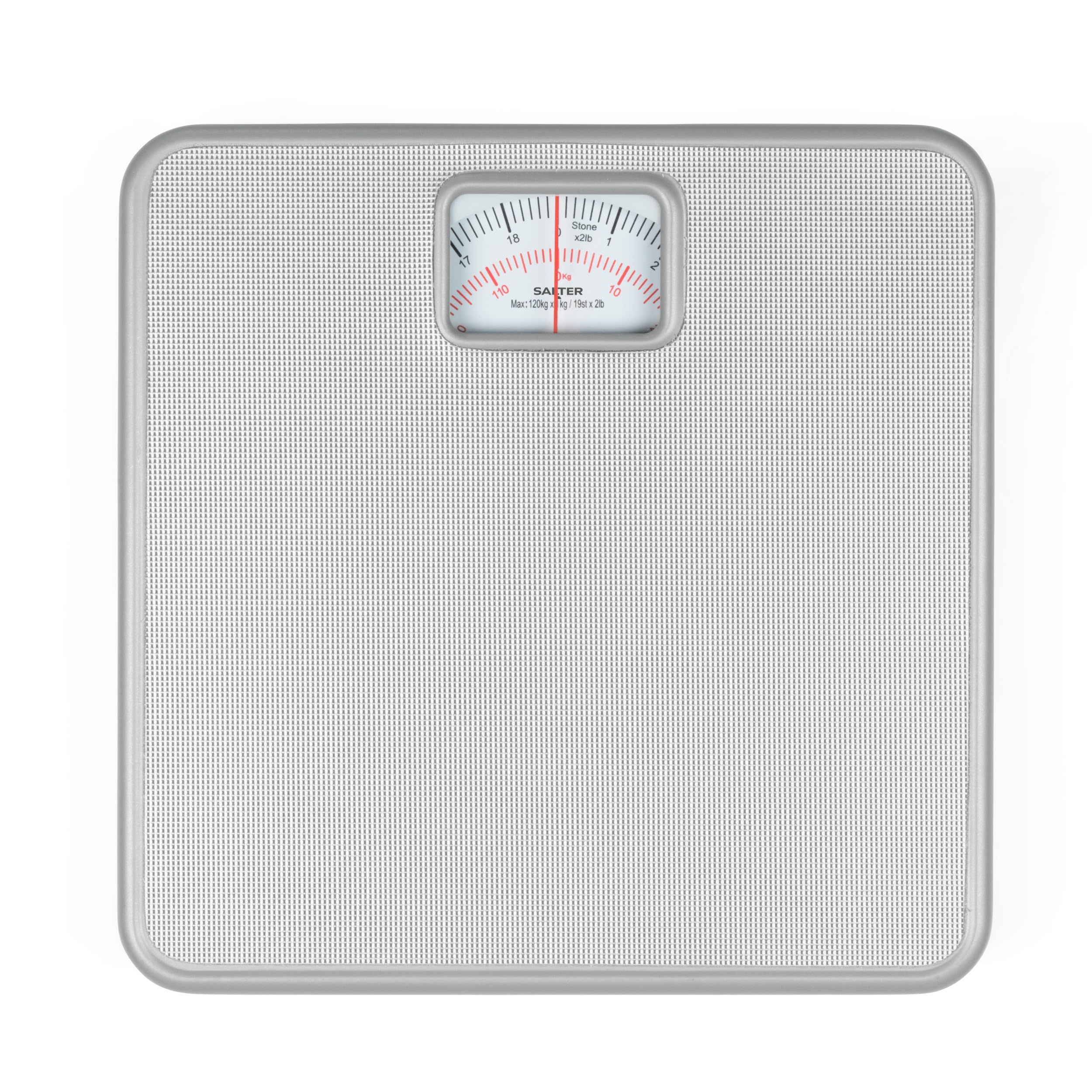 Salter 433 SVDR Mechanical Bathroom Scale – Body Weight Scale with 120 KG Capacity, Large Platform with Non-Slip Mat, Easy to Read Rotating Dial, No Batteries Required, Weigh In kg/st/lbs, Silver