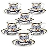 fanquare 2.5 Ounce Espresso Cups Set of 6, 12 Pieces Ceramic Demitasse Cup and Saucers, Blue Lace Pattern Espresso Mugs for Coffee Bar Home