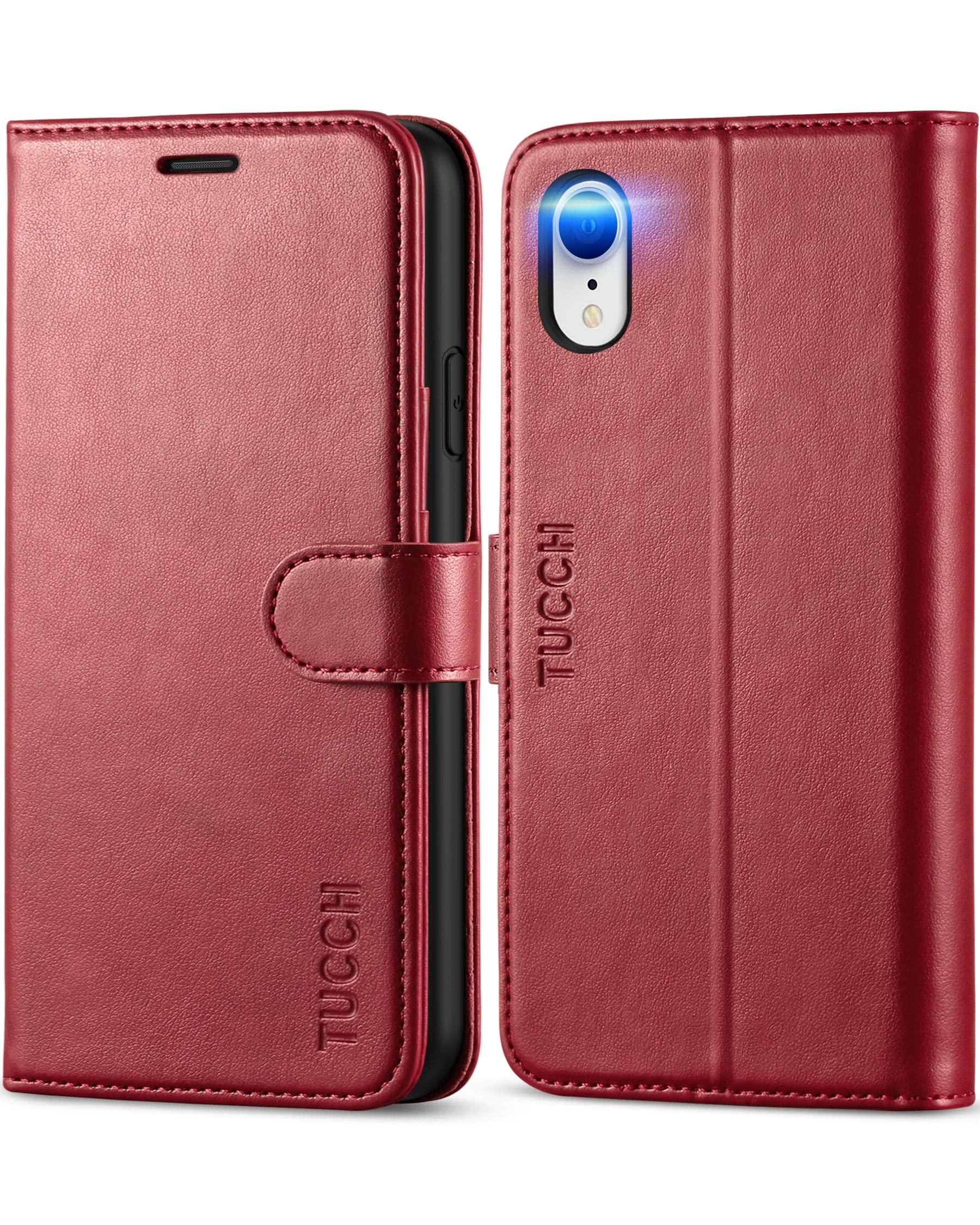 TUCCH Case for iPhone XR (6.1"), Wallet Stand Flip Foldable Case with[RFID Blocking][Kickstand][Credit Card Holders] Magnetic PU Leather Folio Phone Cover Compatible with iPhone XR, Dark Red