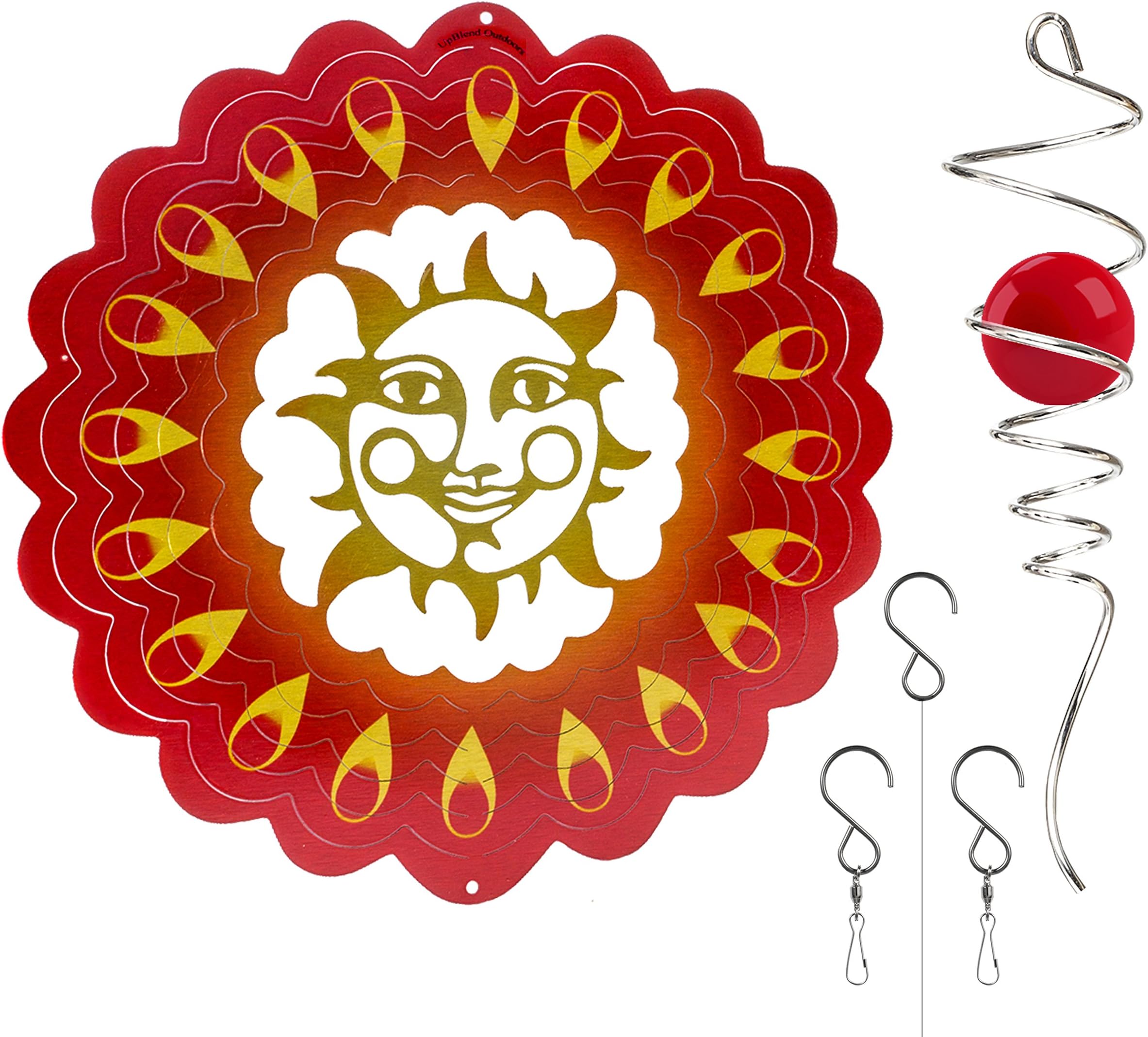 UpBlend Outdoors' Hanging Metal 3D Wind Spinner - in Sunrise Red with Helix Spiral Tail and Glass Ball - All Swivels and Hooks are Included - Kinetic Whirligig Garden Sculpture for Garden or Yard