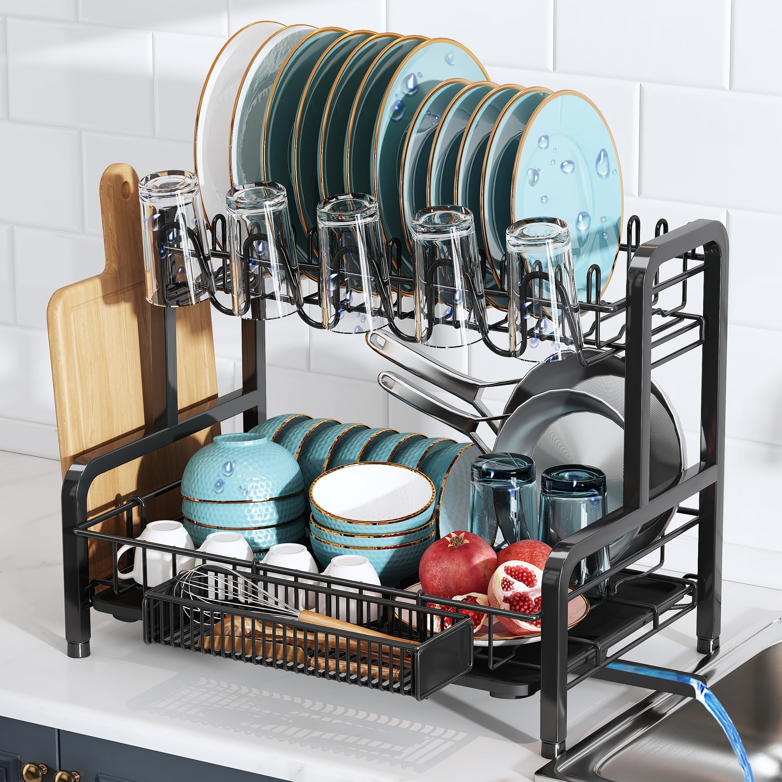 Photo 1 of 2 Tier Dish Drainers Drying Rack for Kitchen Counter Large Stainless Steel Dishes Drain with Drainboard, Space Saving, Big Modern Black Countertop Metal Plates Dryer Strainer Holder and Extra Tray