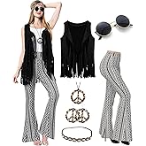 MOLLDAN Women’s 60S 70S Outfits Hippie Costume Retro Peace Sign Fringe Vest Flared Pants Set for Halloween Party