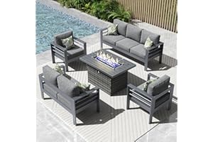 Vakollia 5 Pieces Modern Aluminum Patio Furniture Set with Fire Pit Table, Outdoor Conversation Sets Metal Sectional Sofa
