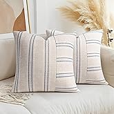 AELS 18x18 Decorative Farmhouse Linen Throw Pillow Covers, Boho Textured Pillow Case, Set of 2,Beige with White & Navy Blue Stripe Patchwork Cushion Cover for Sofa Couch Living Room(Cover ONLY)