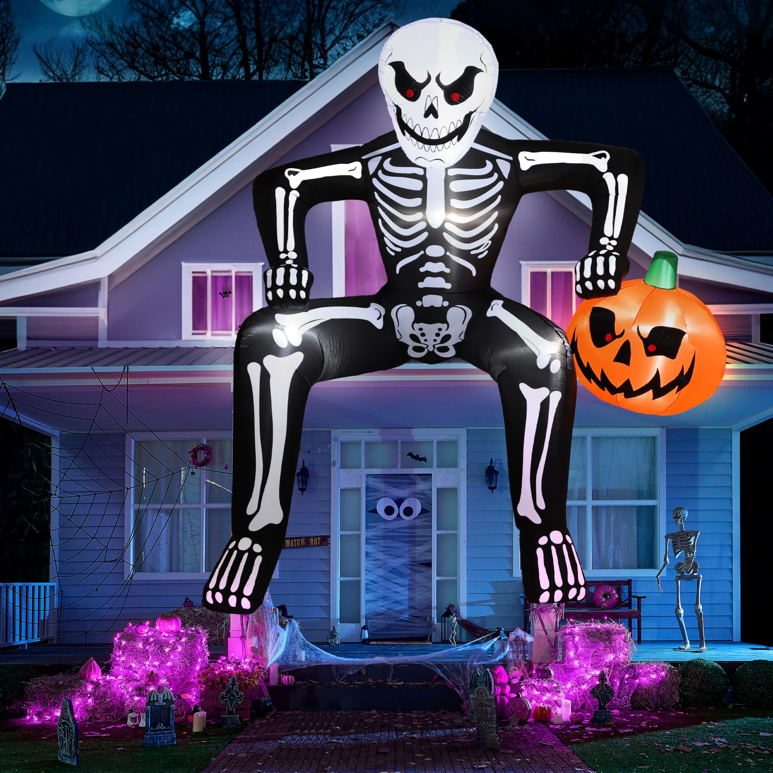 Photo 1 of JOYIN 8.5ft Halloween Inflatable Skeleton, Blow Up Skeleton Holding Pumpkin for Rooftop Outdoor Decoration with LED Light, Blow Up Skeleton Sitting On The Roof for Halloween Rooftop Yard Party Decor