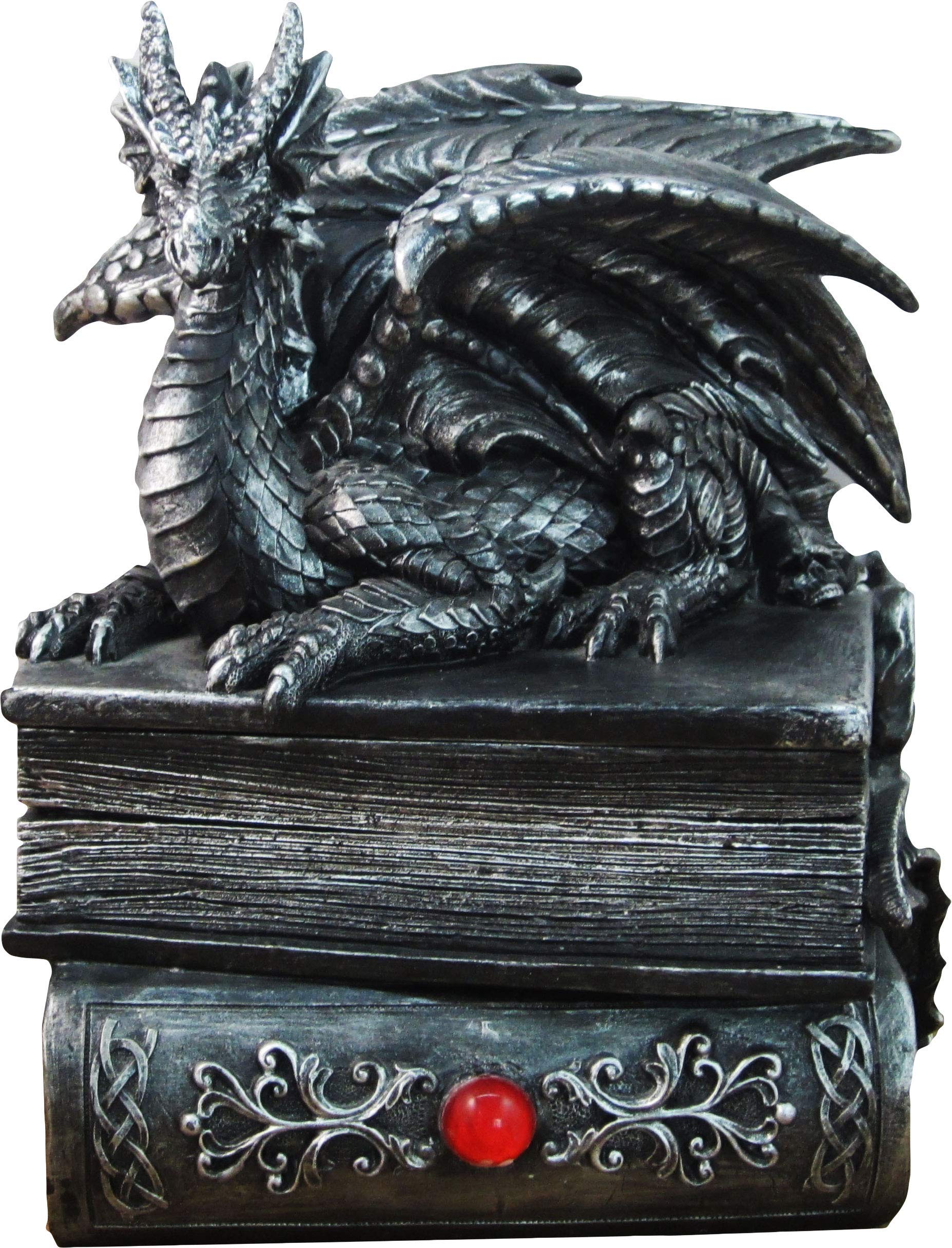 DWK Guardian of Bibliophiles Stone Finish Dragon on Books Resin Trinket Box with Hidden Compartment - Gothic Medieval Dresser Decorative Accent - 8 Inches High