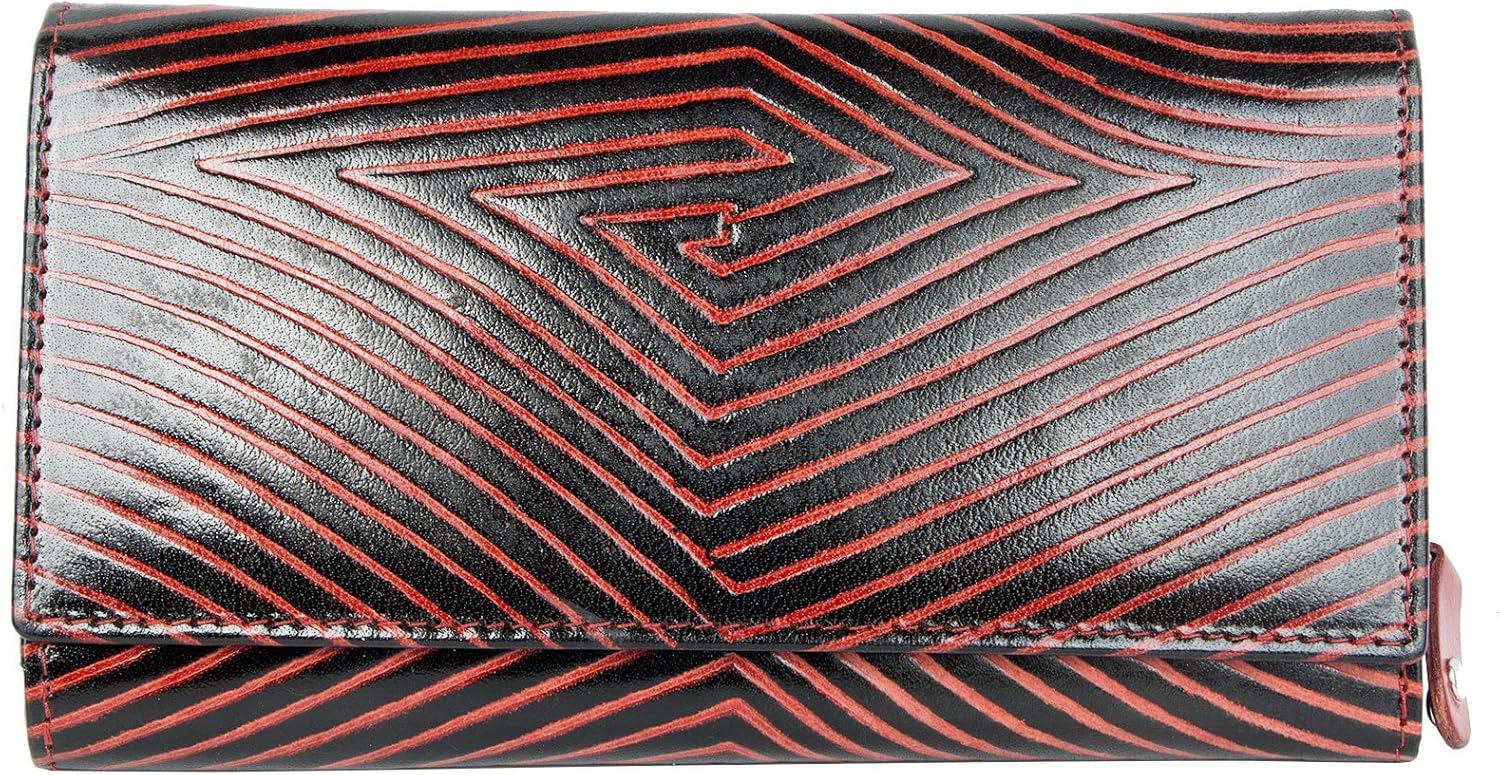 FLW Women's Black-red Clear Coated Genuine Leather Wallet with red Strips