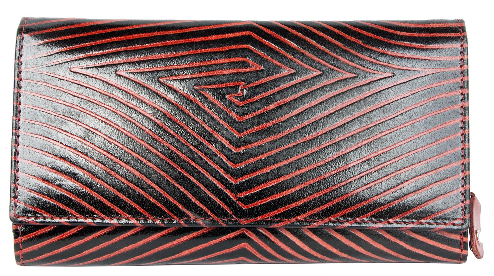 FLW Women's Black-red Clear Coated Genuine Leather Wallet with red Strips